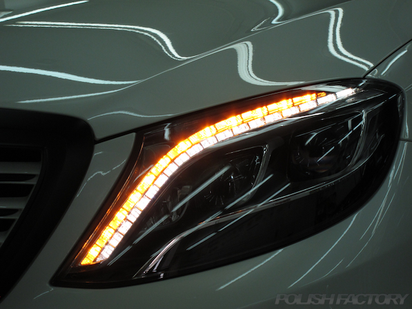 メルセデス・ベンツ S63 AMG 4マチックロングガラスコーティング施工、ヘッドライト画像